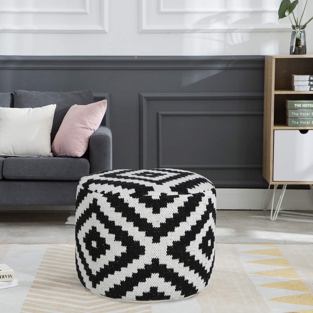 Quincy Cotton Blend Indoor Pouf in Black/White, 18" x 18" x 14". Picture 8