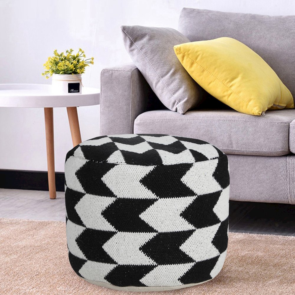 Quincy Cotton Blend Indoor Pouf in Black/White, 18" x 18" x 14". Picture 7