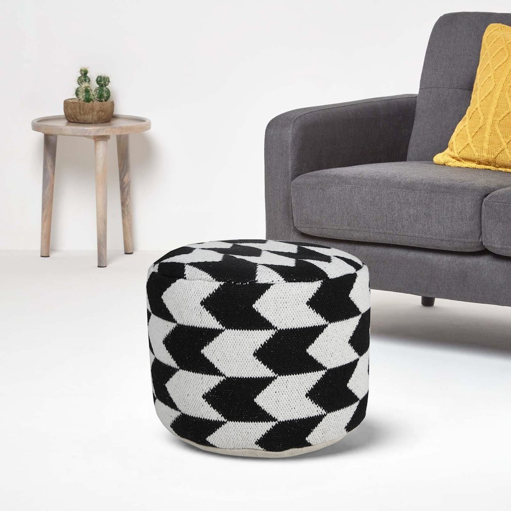 Quincy Cotton Blend Indoor Pouf in Black/White, 18" x 18" x 14". Picture 8
