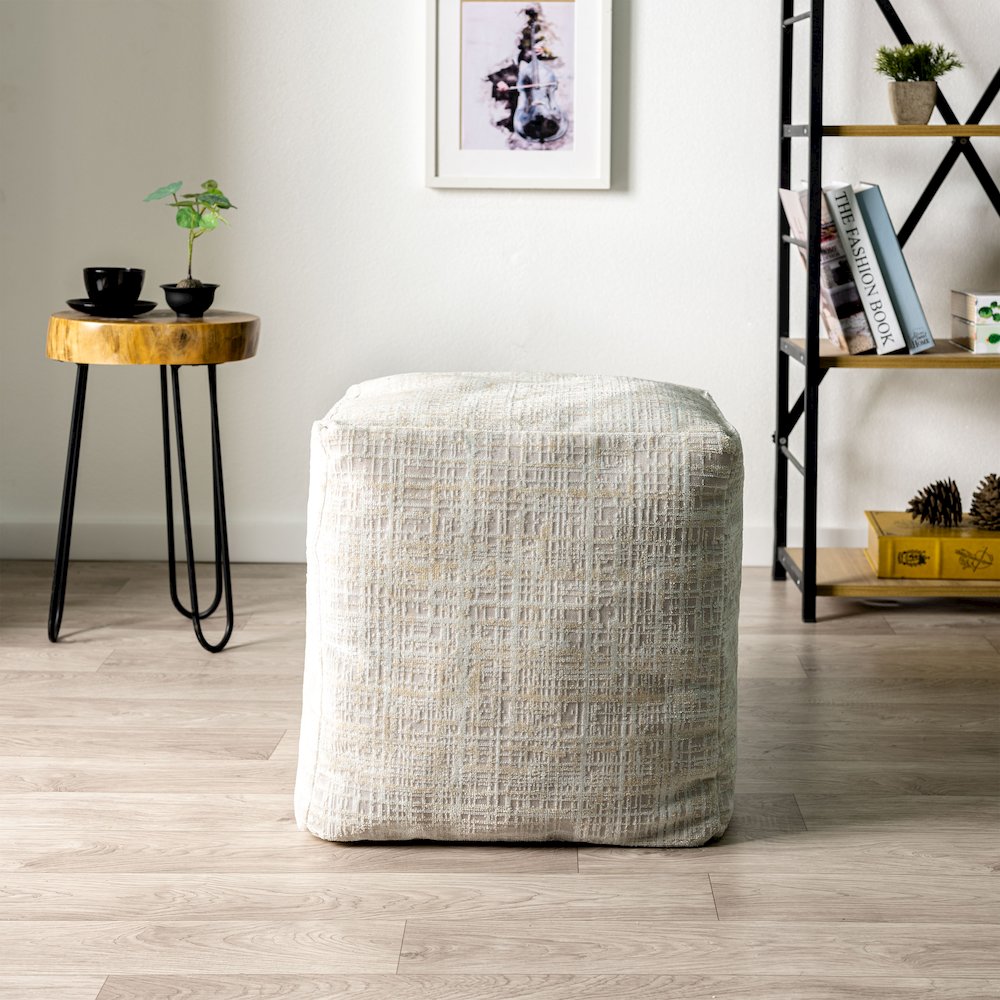 Milano Performance Blend Indoor Pouf in Beige/Cream, 18" x 18" x 18". Picture 2