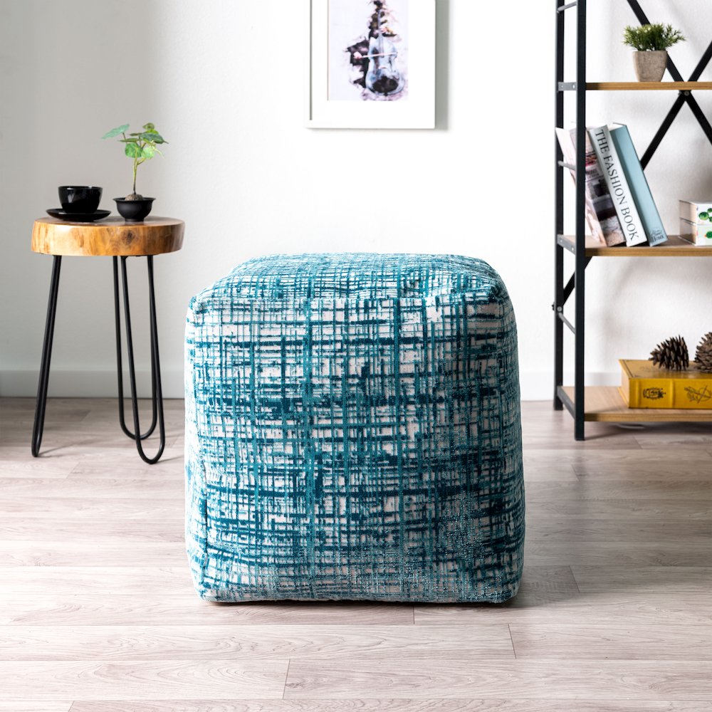 Milano Performance Blend Indoor Pouf in Blue/Ivory, 18" x 18" x 18". Picture 2