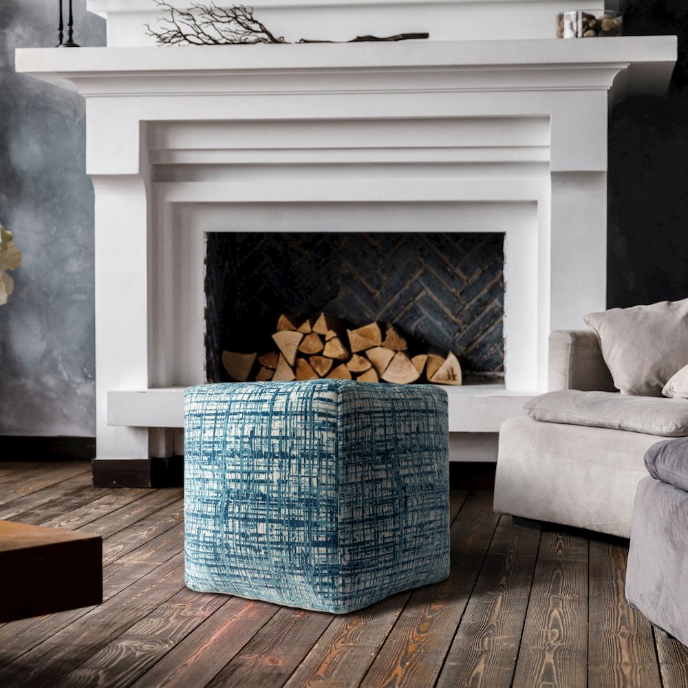 Milano Performance Blend Indoor Pouf in Blue/Ivory, 18" x 18" x 18". Picture 8