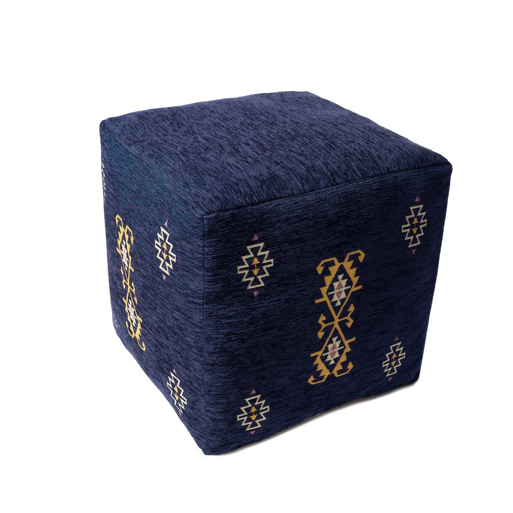 Milano Performance Blend Indoor Pouf in Blue/Yellow, 18" x 18" x 18". Picture 3