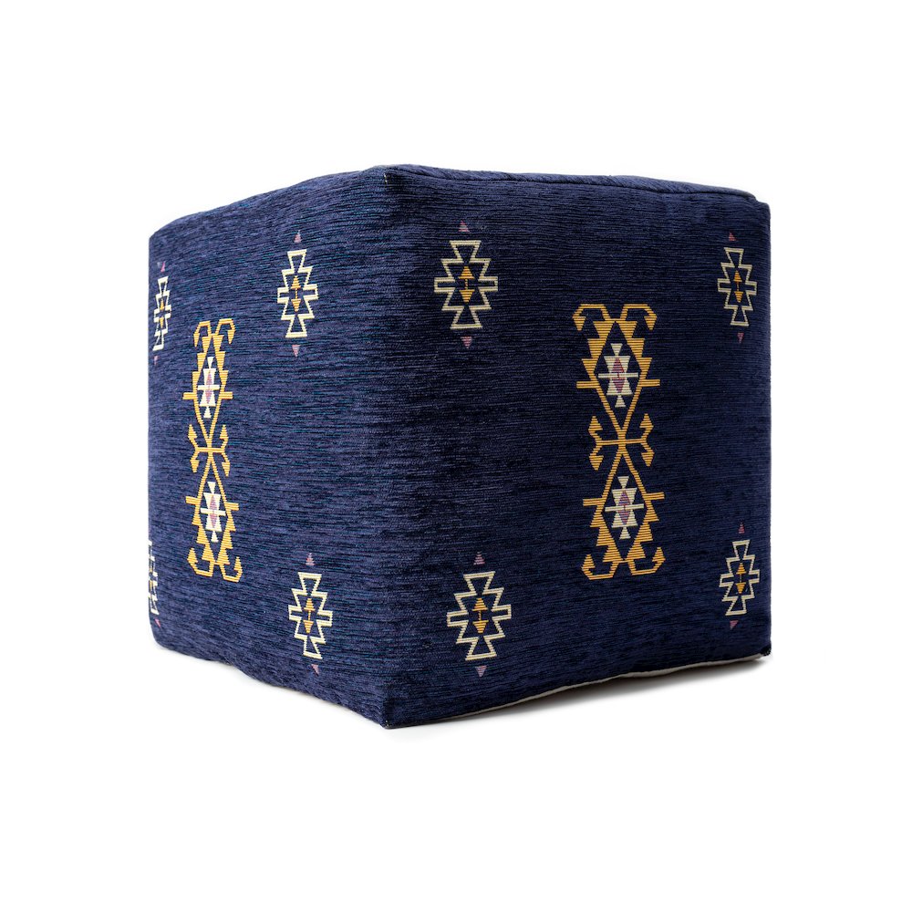 Milano Performance Blend Indoor Pouf in Blue/Yellow, 18" x 18" x 18". Picture 5