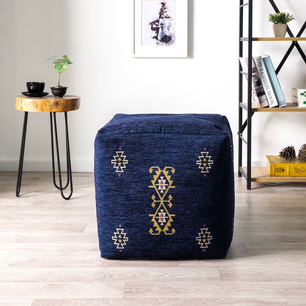 Milano Performance Blend Indoor Pouf in Blue/Yellow, 18" x 18" x 18". Picture 2