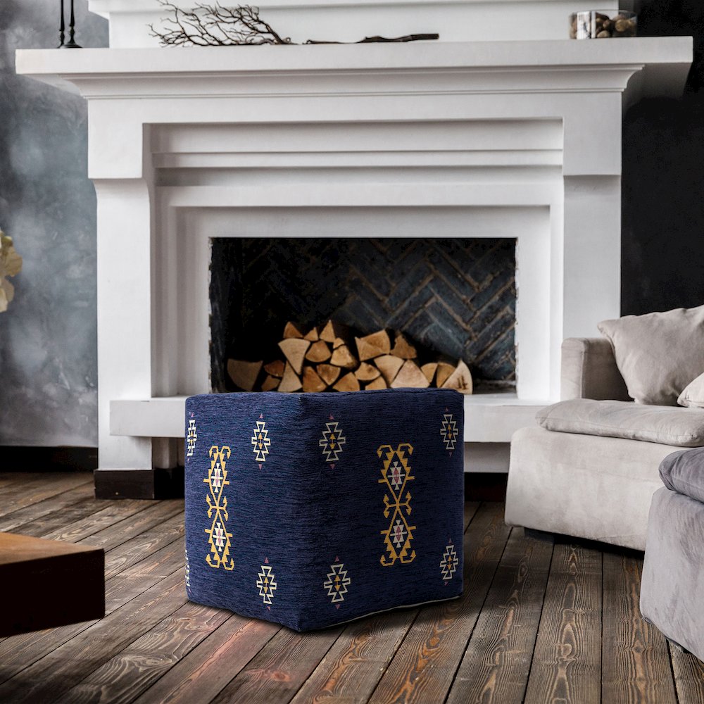 Milano Performance Blend Indoor Pouf in Blue/Yellow, 18" x 18" x 18". Picture 8
