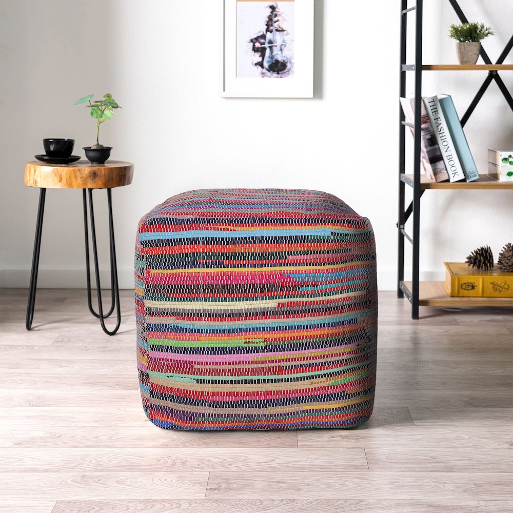 Andros Cotton Indoor Pouf in Multi, 18" x 18" x 18". Picture 2