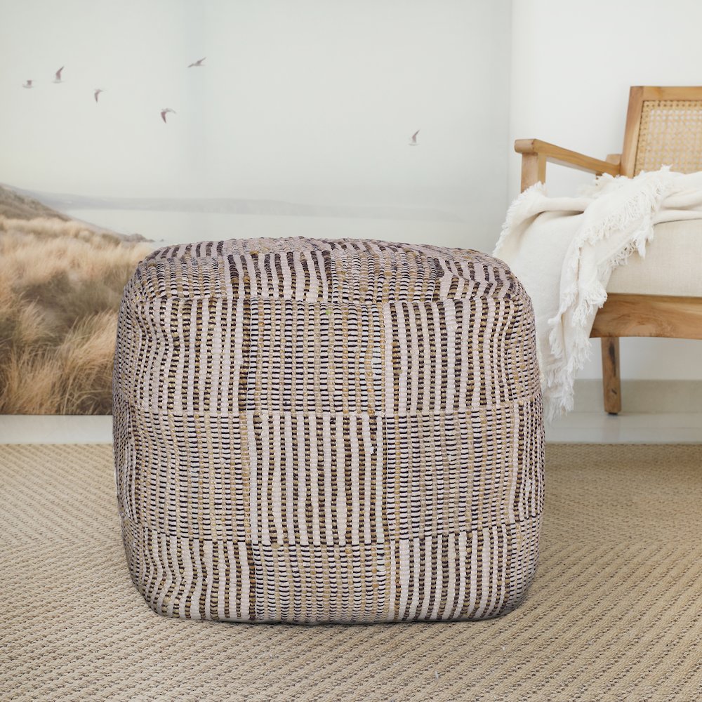Andros Cotton and Jute Indoor Pouf in Brown/Cream, 18" x 18" x 18". Picture 2