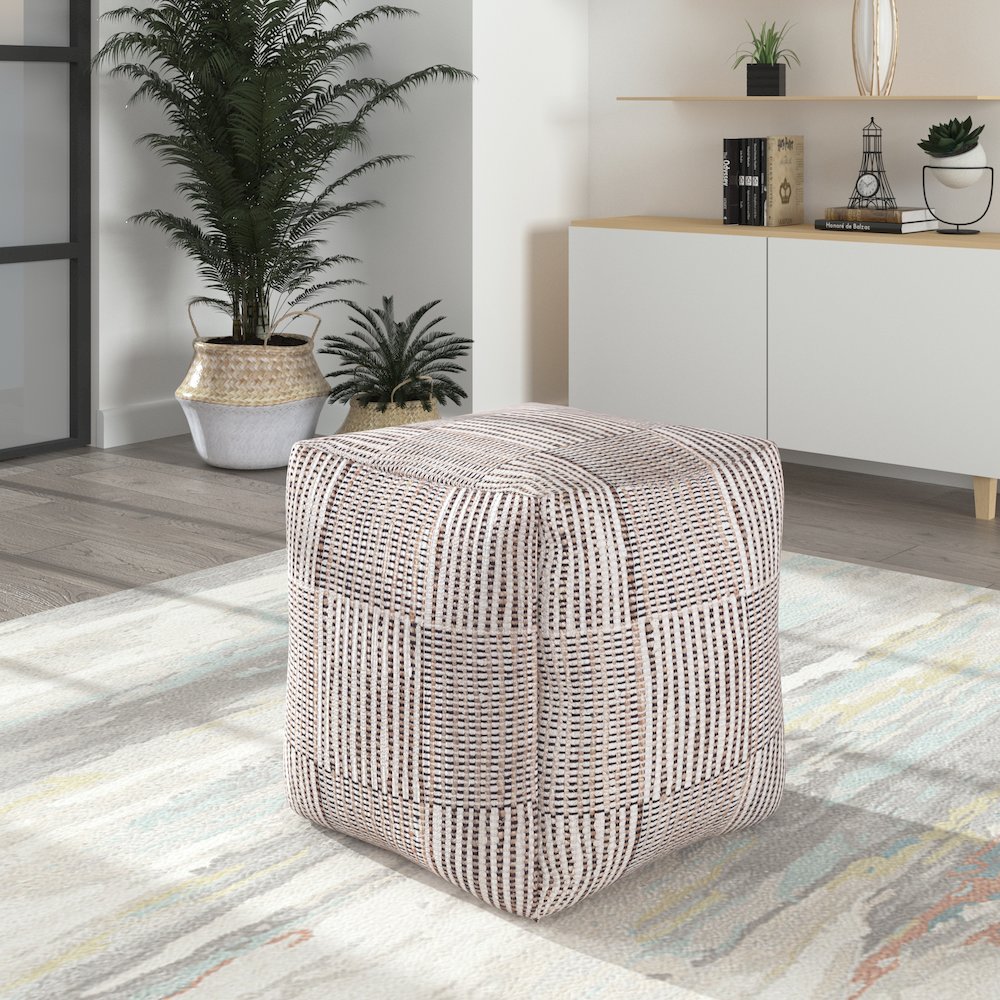 Andros Cotton and Jute Indoor Pouf in Brown/Cream, 18" x 18" x 18". Picture 8