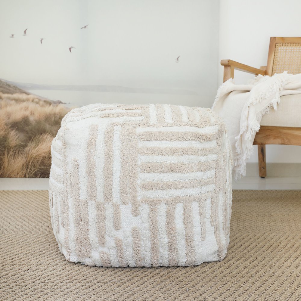 Stacy Garcia Cotton Indoor Pouf in Beige/Cream, 18" x 18" x 18". Picture 2