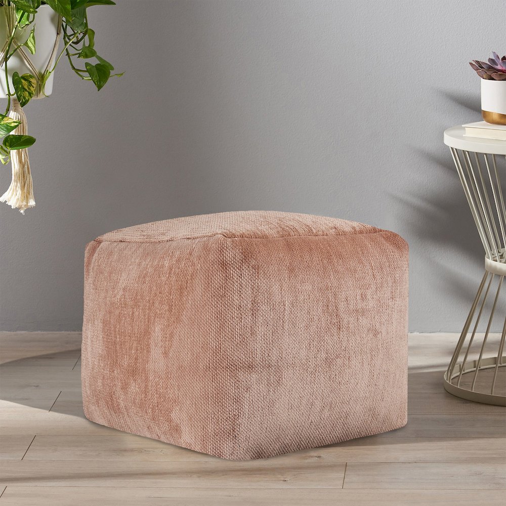 Yakar Chenille Indoor Pouf in Beige, 18" x 18" x 18". Picture 2