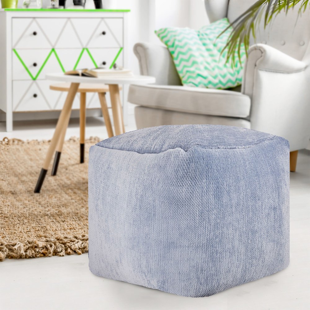 Yakar Chenille Indoor Pouf in Blue, 18" x 18" x 18". Picture 2