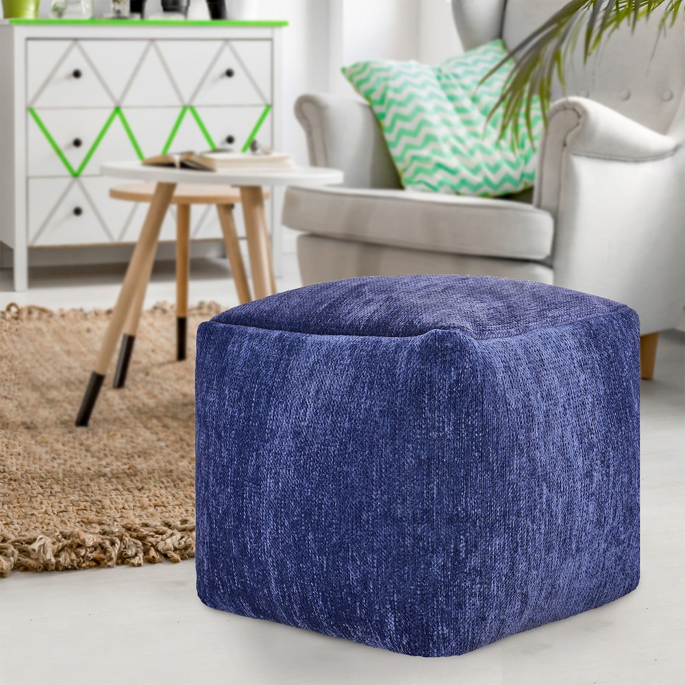 Yakar Chenille Indoor Pouf in Blue, 18" x 18" x 18". Picture 2