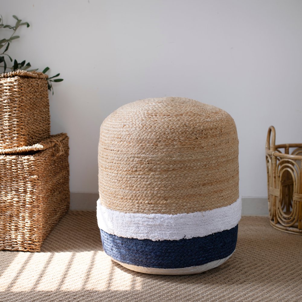 Jute Poufs Jute Blend Indoor Pouf in Brown/Blue,  18" x 18" x 18". Picture 2
