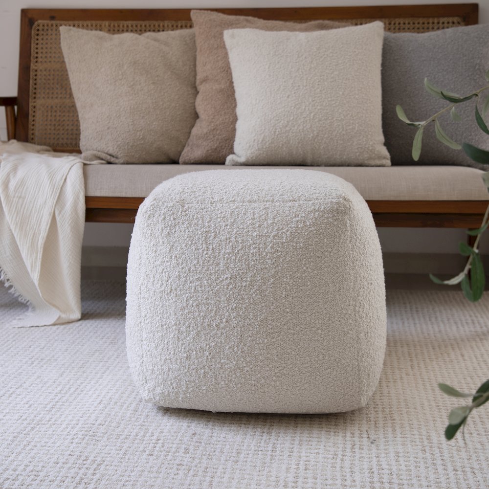 Boucle Performance Indoor Pouf in Ivory,  18" x 18" x 18". Picture 2