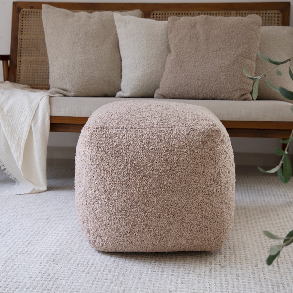 Boucle Performance Indoor Pouf in Taupe,  18" x 18" x 18". Picture 2