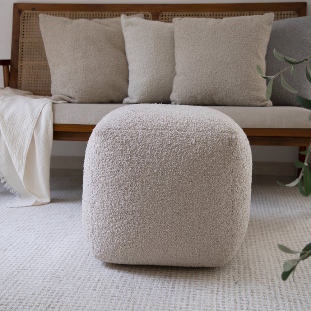 Boucle Performance Indoor Pouf in Beige,  18" x 18" x 18". Picture 2