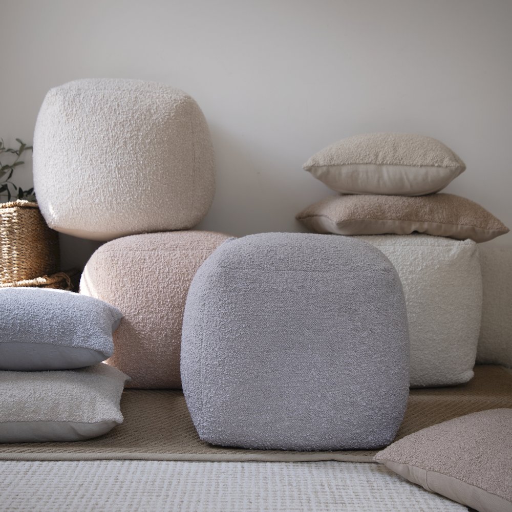 Boucle Performance Indoor Pouf in Beige,  18" x 18" x 18". Picture 8