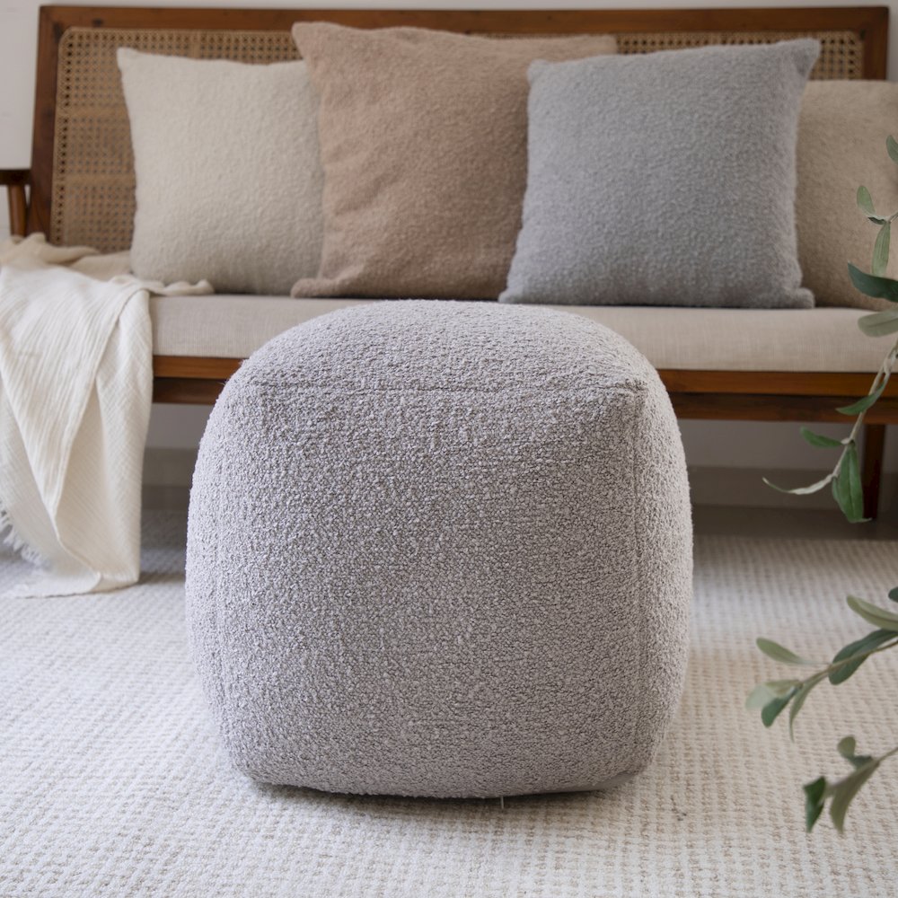 Boucle Performance Indoor Pouf in Gray,  18" x 18" x 18". Picture 2