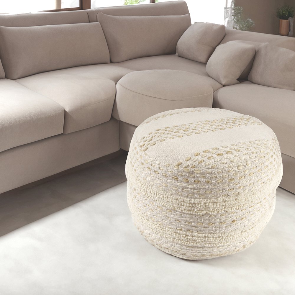 Dash Pouf Cotton Blend Indoor Pouf in White/Beige, 18" x 18" x 14". Picture 2