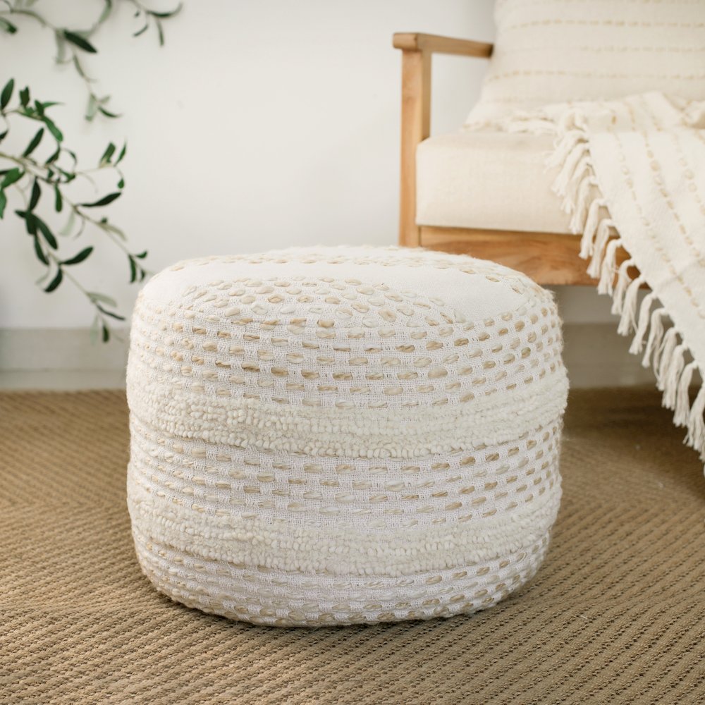 Dash Pouf Cotton Blend Indoor Pouf in White/Beige, 18" x 18" x 14". Picture 8