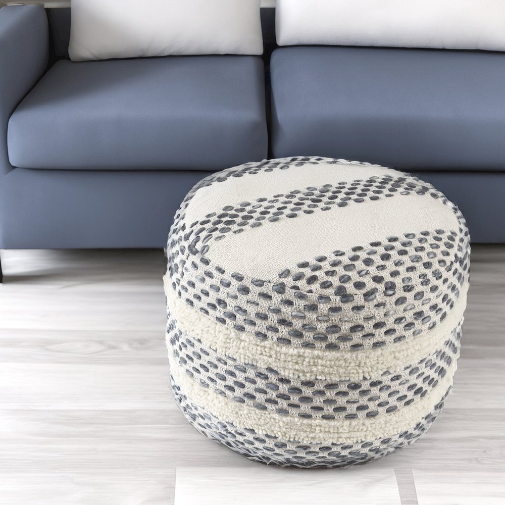 Dash Pouf Cotton Blend Indoor Pouf in White/Blue, 18" x 18" x 14". Picture 2