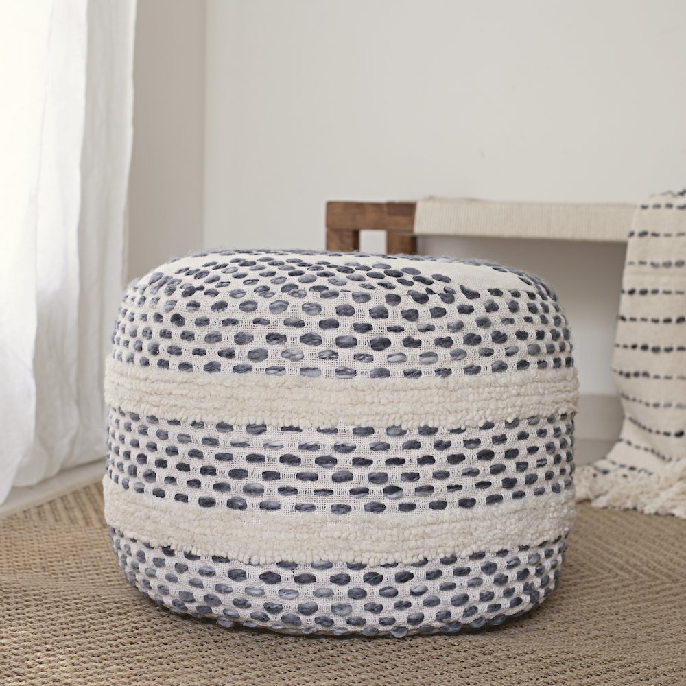 Dash Pouf Cotton Blend Indoor Pouf in White/Blue, 18" x 18" x 14". Picture 8