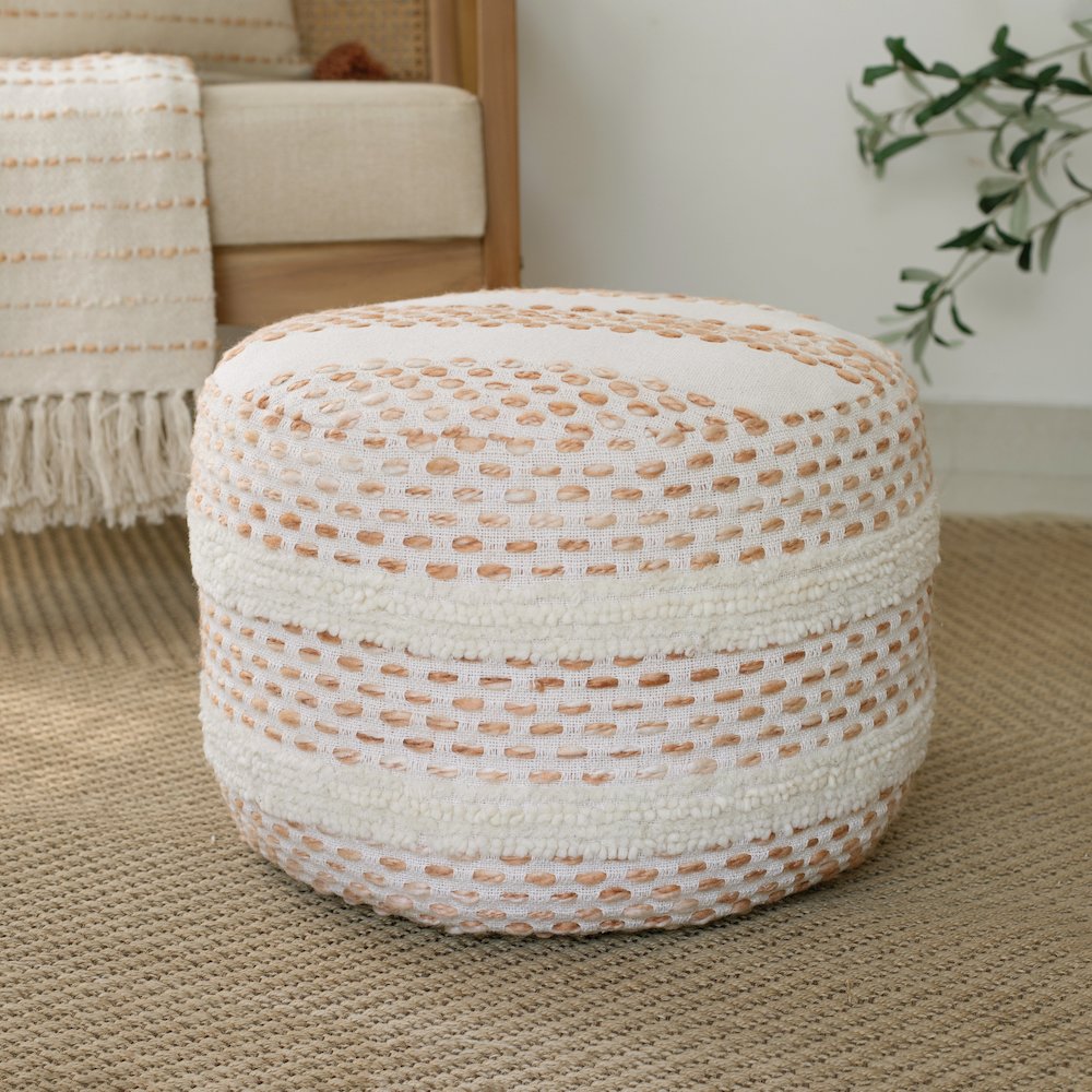 Dash Pouf Cotton Blend Pouf Indoor in White/Brown 18" x 18" x 14". Picture 8