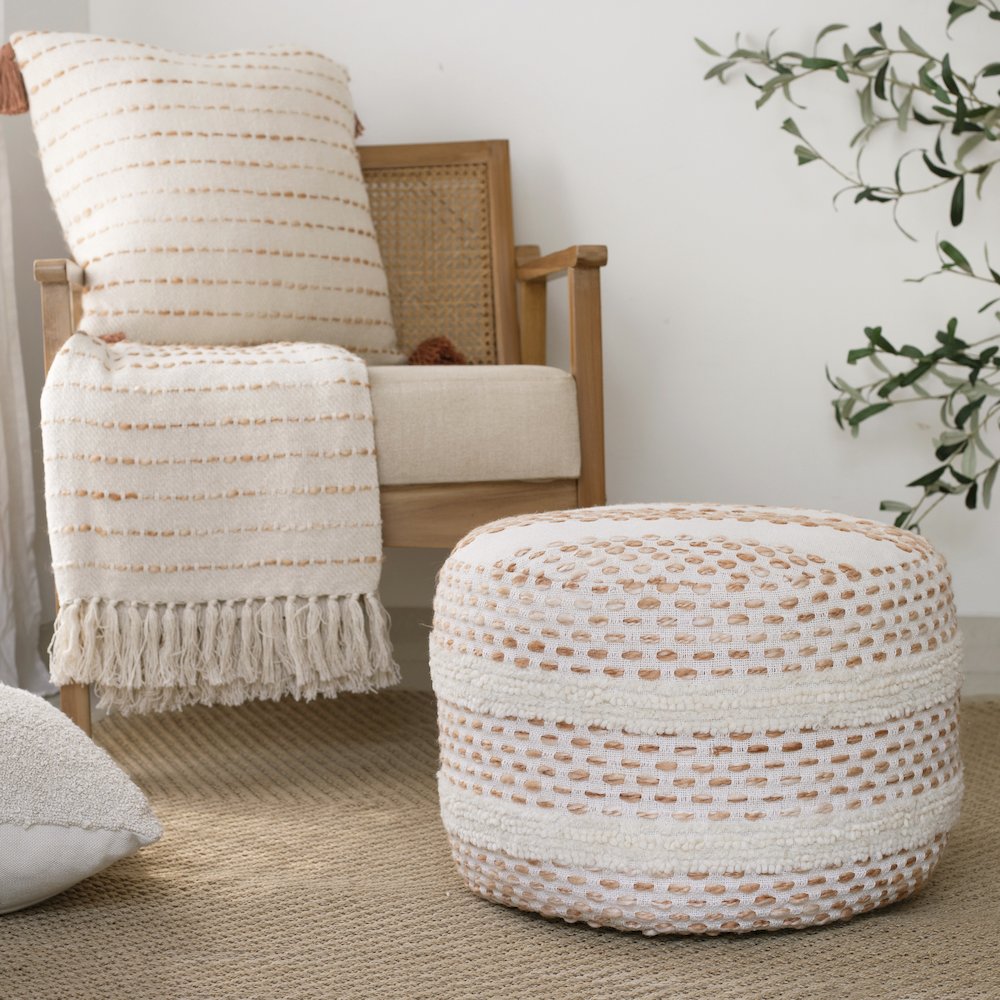 Dash Pouf Cotton Blend Pouf Indoor in White/Brown 18" x 18" x 14". Picture 9