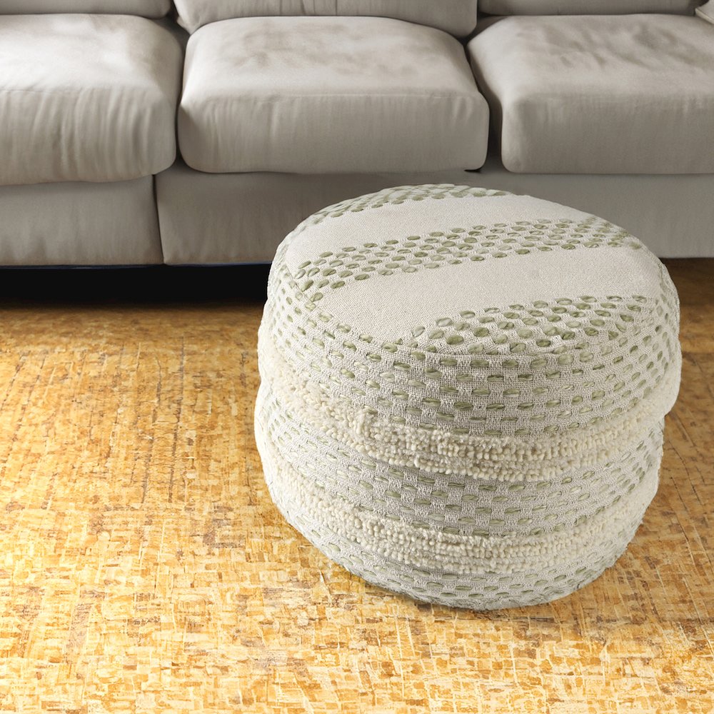 Dash Pouf Cotton Blend Pouf Indoor in White/Green 18" x 18" x 14". Picture 2