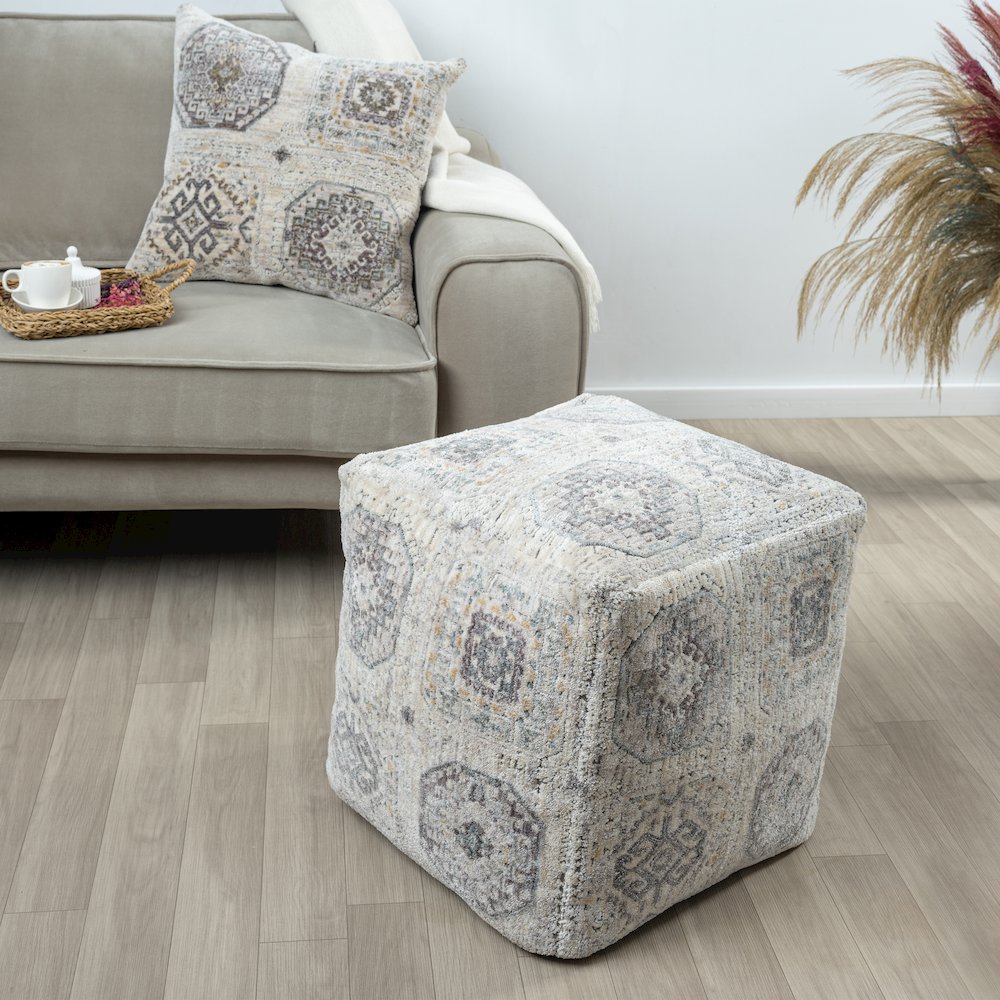 Vienna Performance Pouf Indoor in Gray/Ivory 18" x 18" x 18". Picture 8