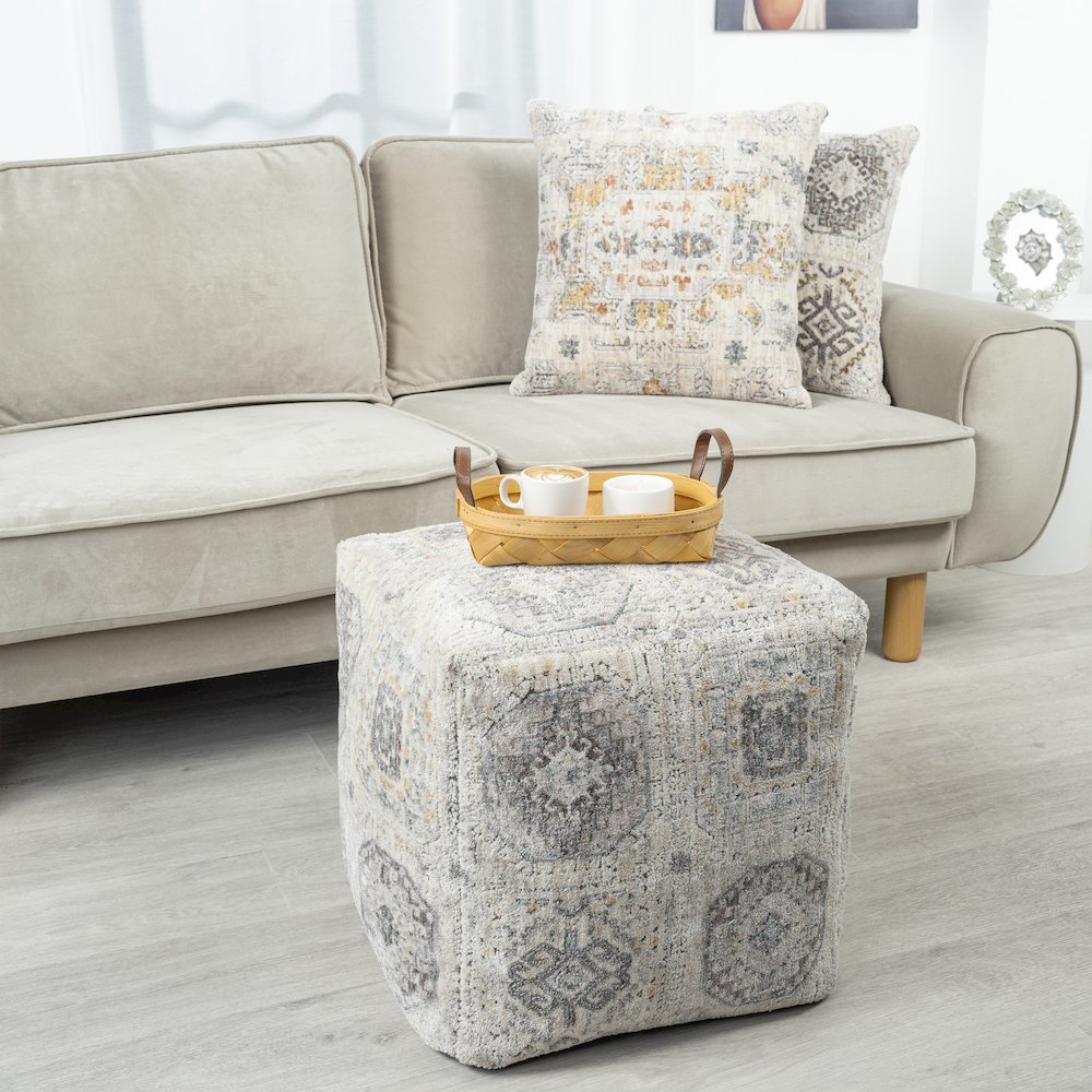 Vienna Performance Pouf Indoor in Gray/Ivory 18" x 18" x 18". Picture 9