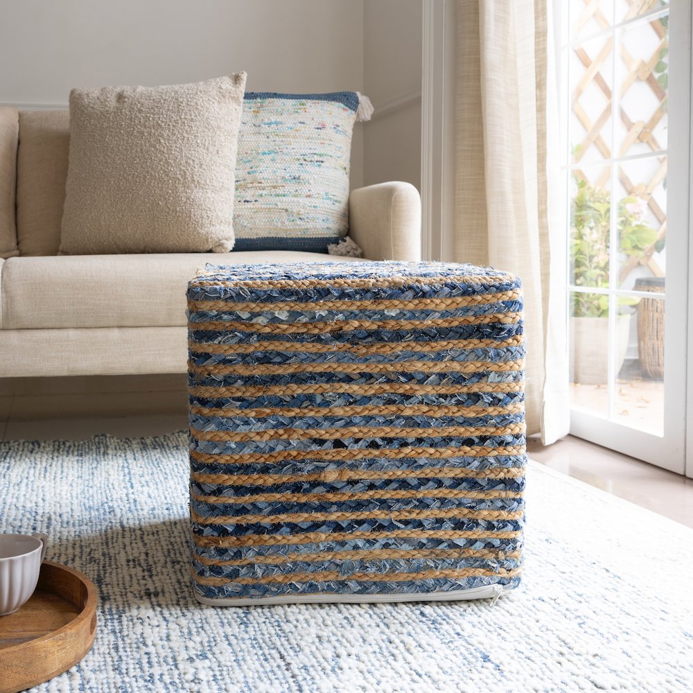 Serena Pouf in Blue/Beige 18" x 18" x 18". Picture 2