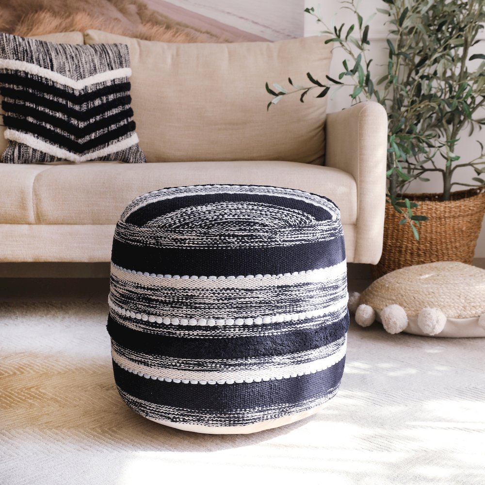 Enigma Cotton Pouf Indoor in White/Black 18" x 18" x 14". Picture 2