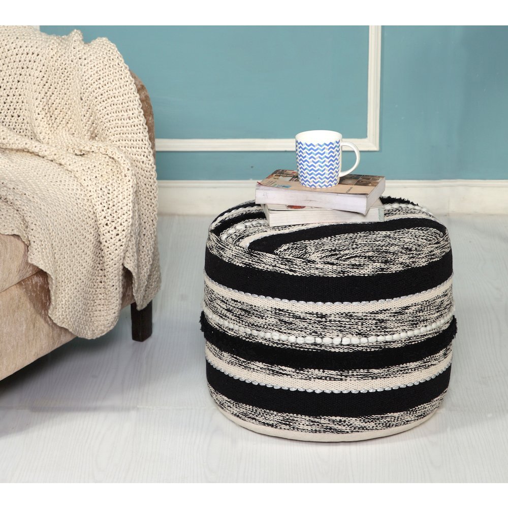 Enigma Cotton Pouf Indoor in White/Black 18" x 18" x 14". Picture 4
