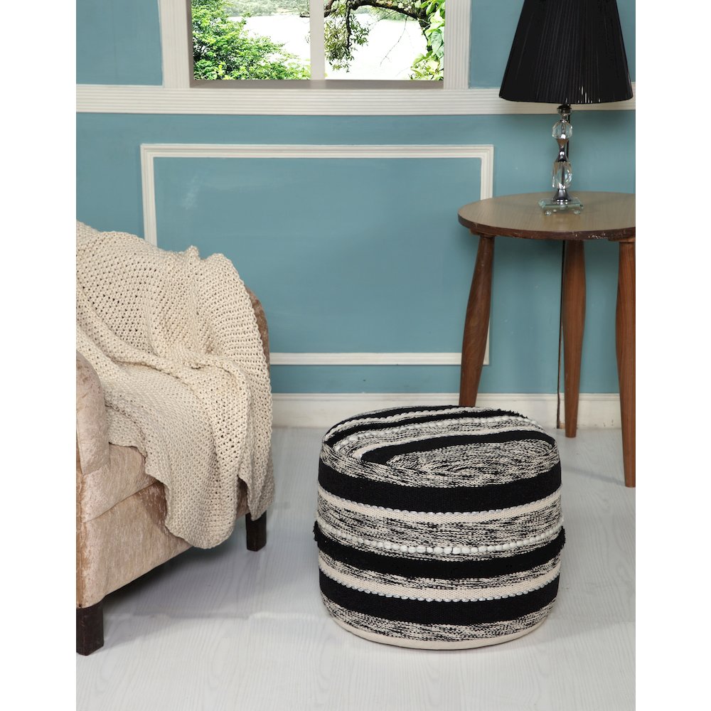 Enigma Cotton Pouf Indoor in White/Black 18" x 18" x 14". Picture 3