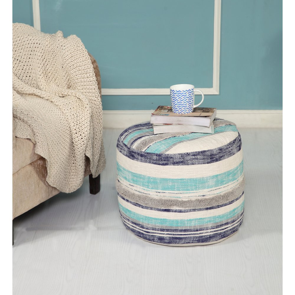 Enigma Cotton Pouf Indoor in Blue/White 18" x 18" x 14". Picture 2