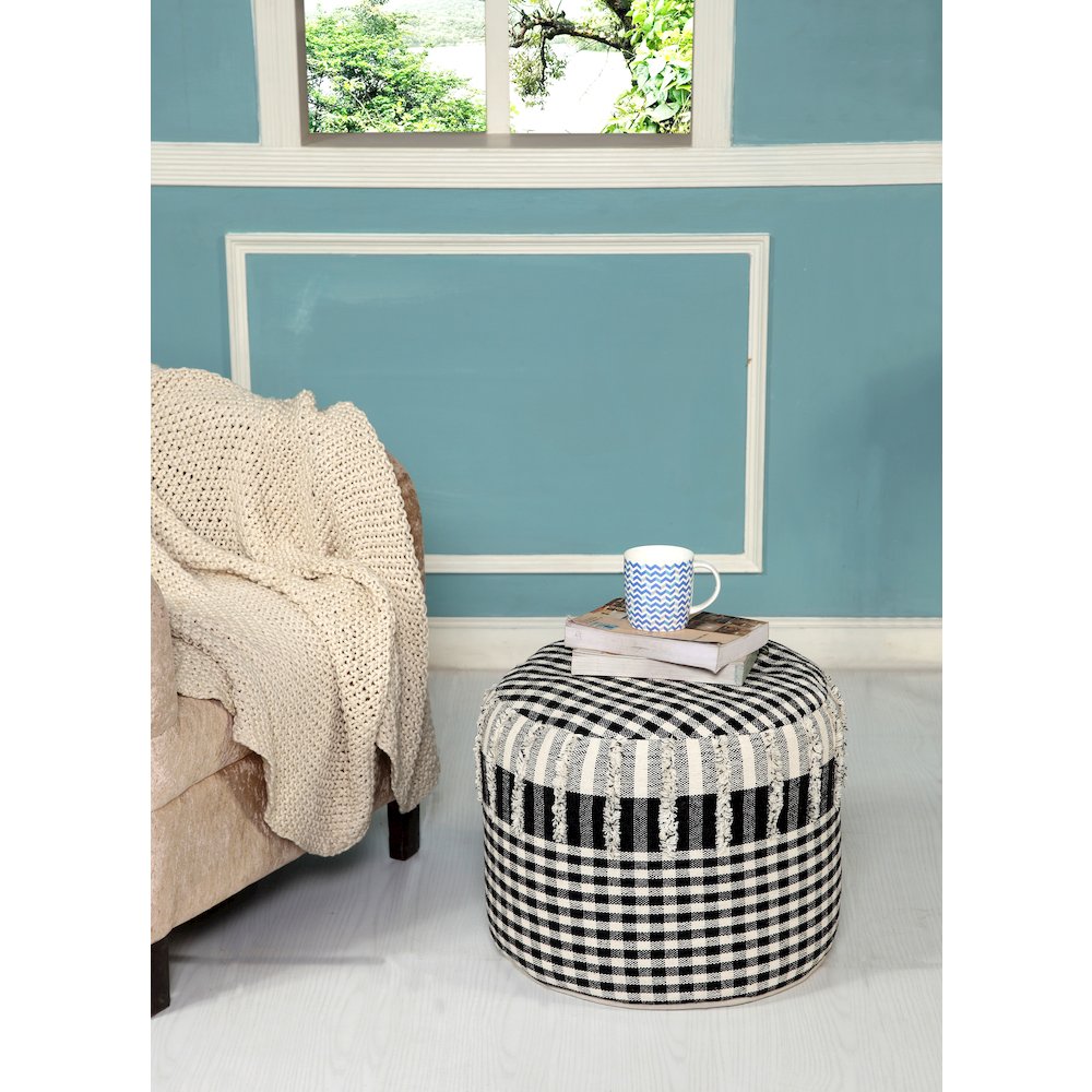 Enigma Cotton Indoor Pouf in Black/White, 18" x 18" x 14". Picture 2