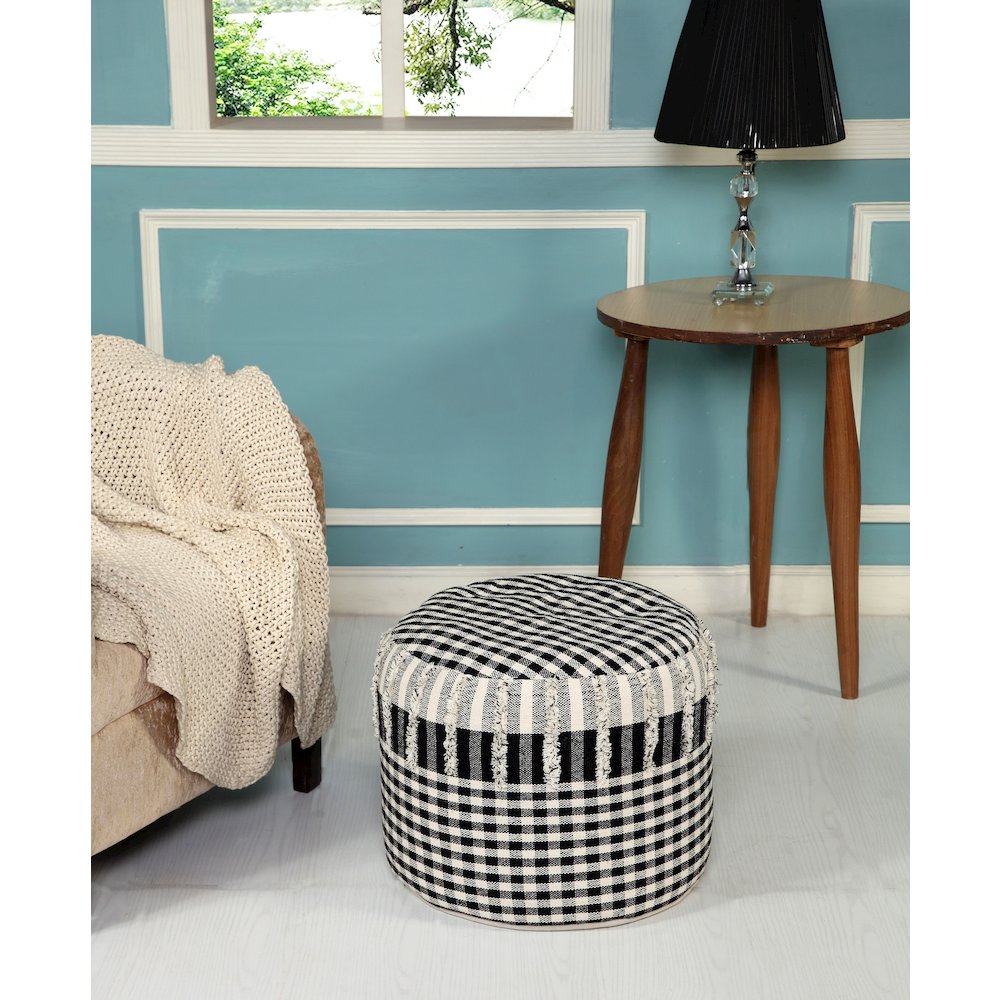 Enigma Cotton Indoor Pouf in Black/White, 18" x 18" x 14". Picture 3