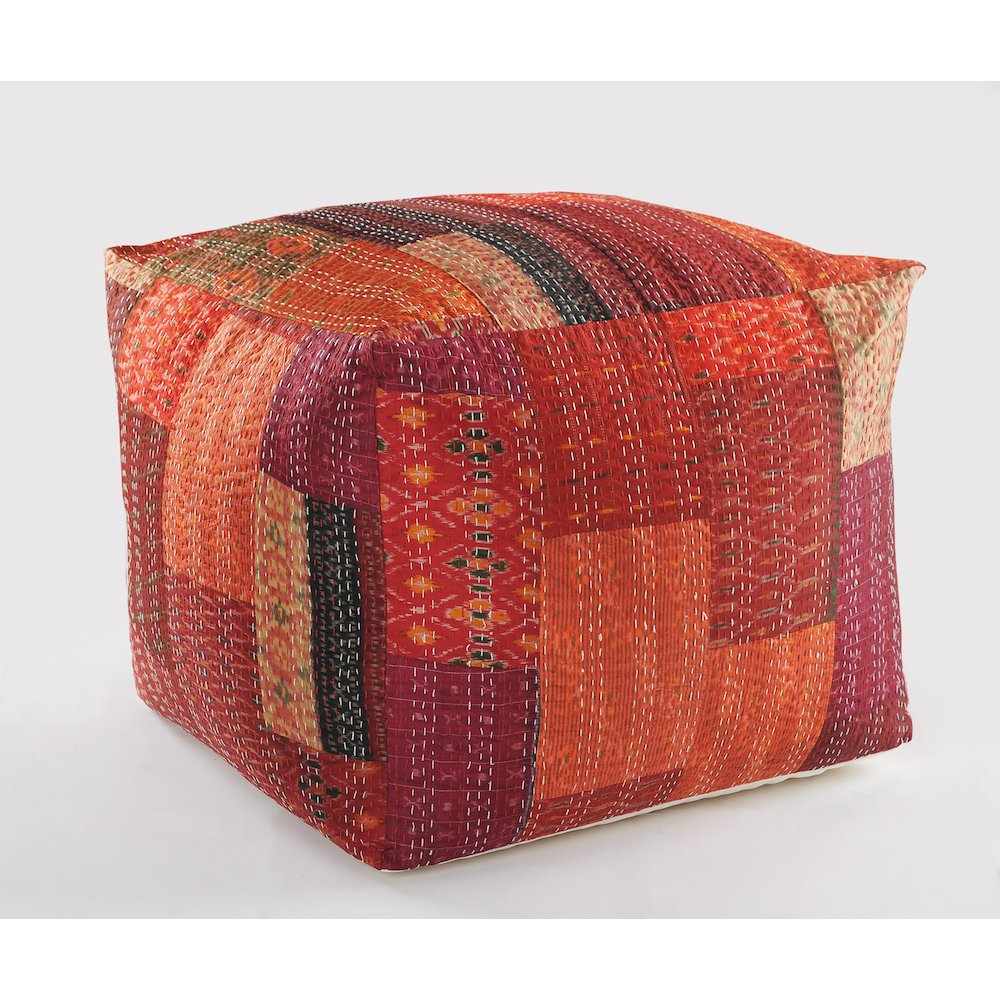 Kantha Cotton and Silk Pouf Indoor in Red/Orange 24" x 24" x 20". Picture 1