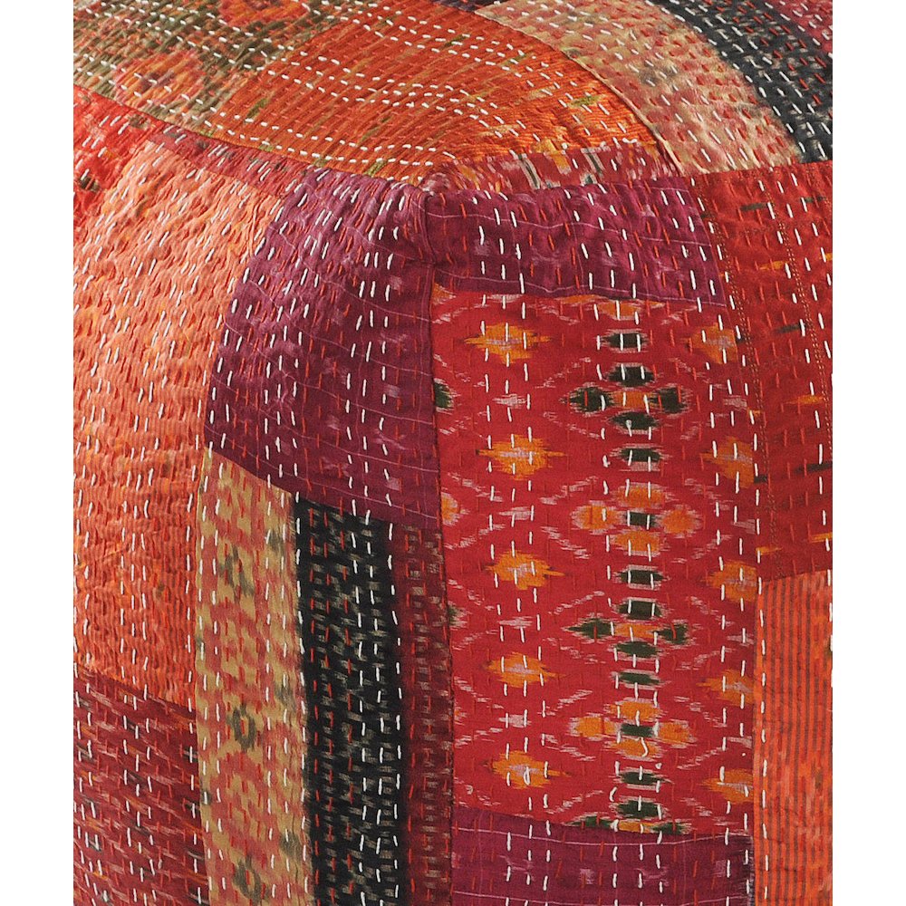 Kantha Cotton and Silk Pouf Indoor in Red/Orange 24" x 24" x 20". Picture 2