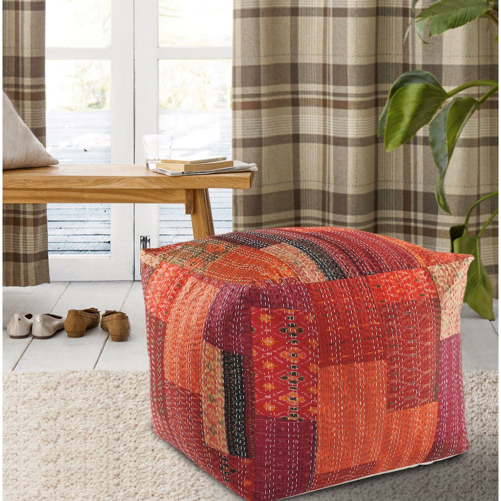 Kantha Cotton and Silk Pouf Indoor in Red/Orange 24" x 24" x 20". Picture 3