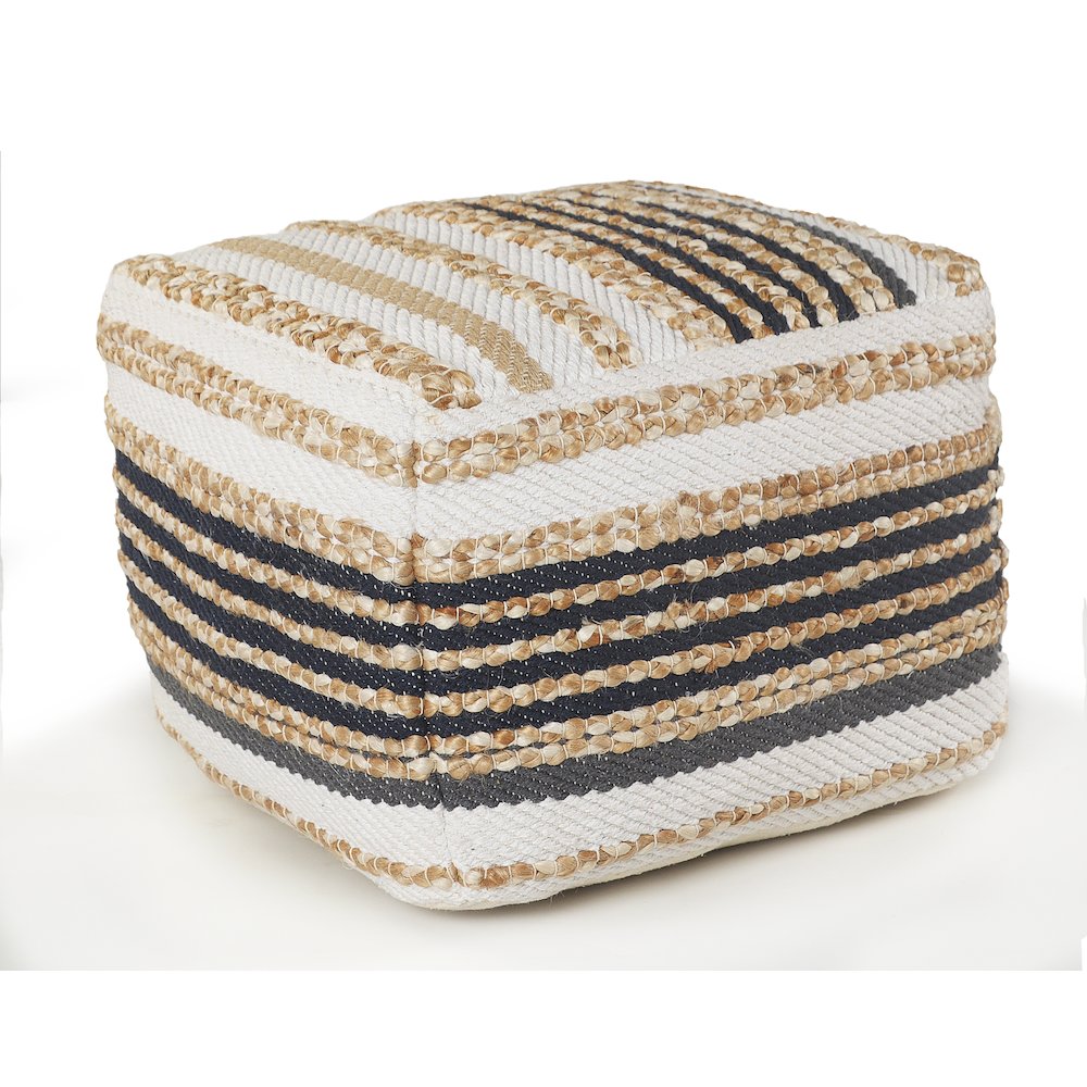Spruce Jute Blend Indoor Pouf in Tan/Blue, 18" x 18" x 14". Picture 1