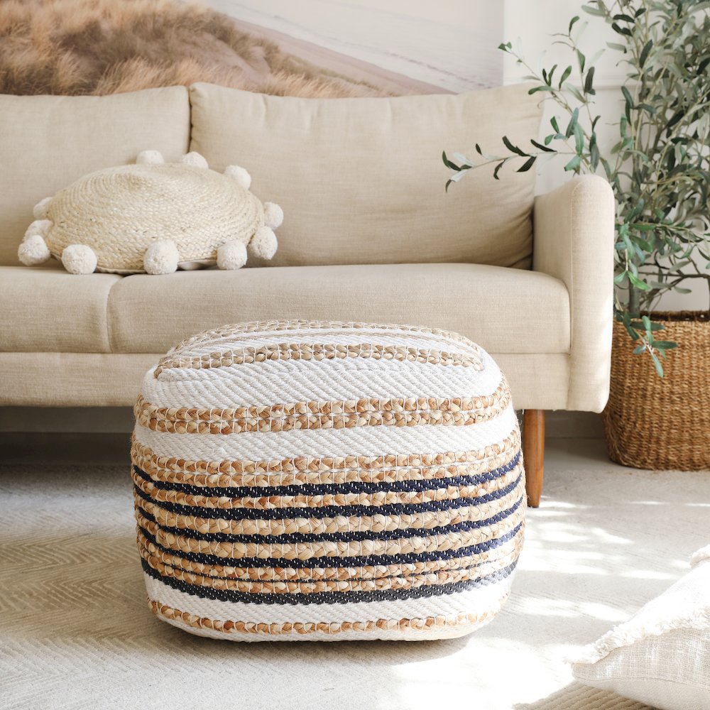 Spruce Jute Blend Indoor Pouf in Tan/Blue, 18" x 18" x 14". Picture 2