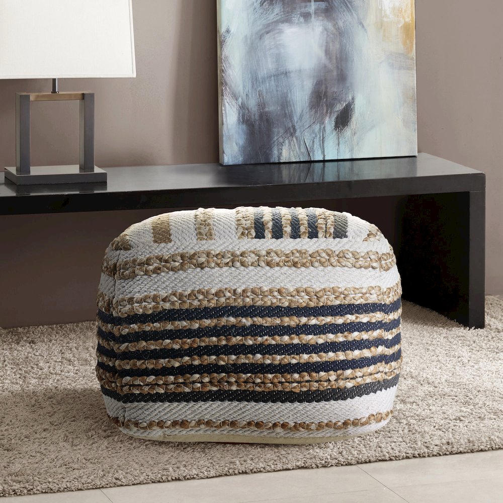 Spruce Jute Blend Indoor Pouf in Tan/Blue, 18" x 18" x 14". Picture 7