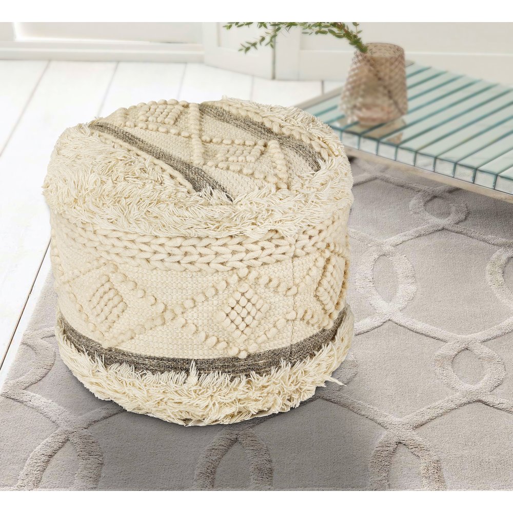 Astrid  Wool Blend Pouf Indoor in Cream/Gray 18" x 18" x 14". Picture 3