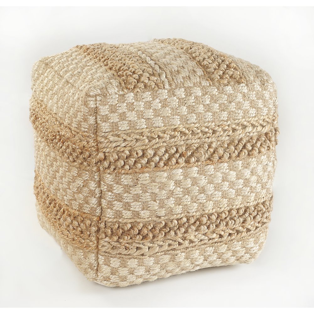 Tan/Cream Striped Hand-Woven All-Natural Jute Blend Ottoman Pouf. Picture 3