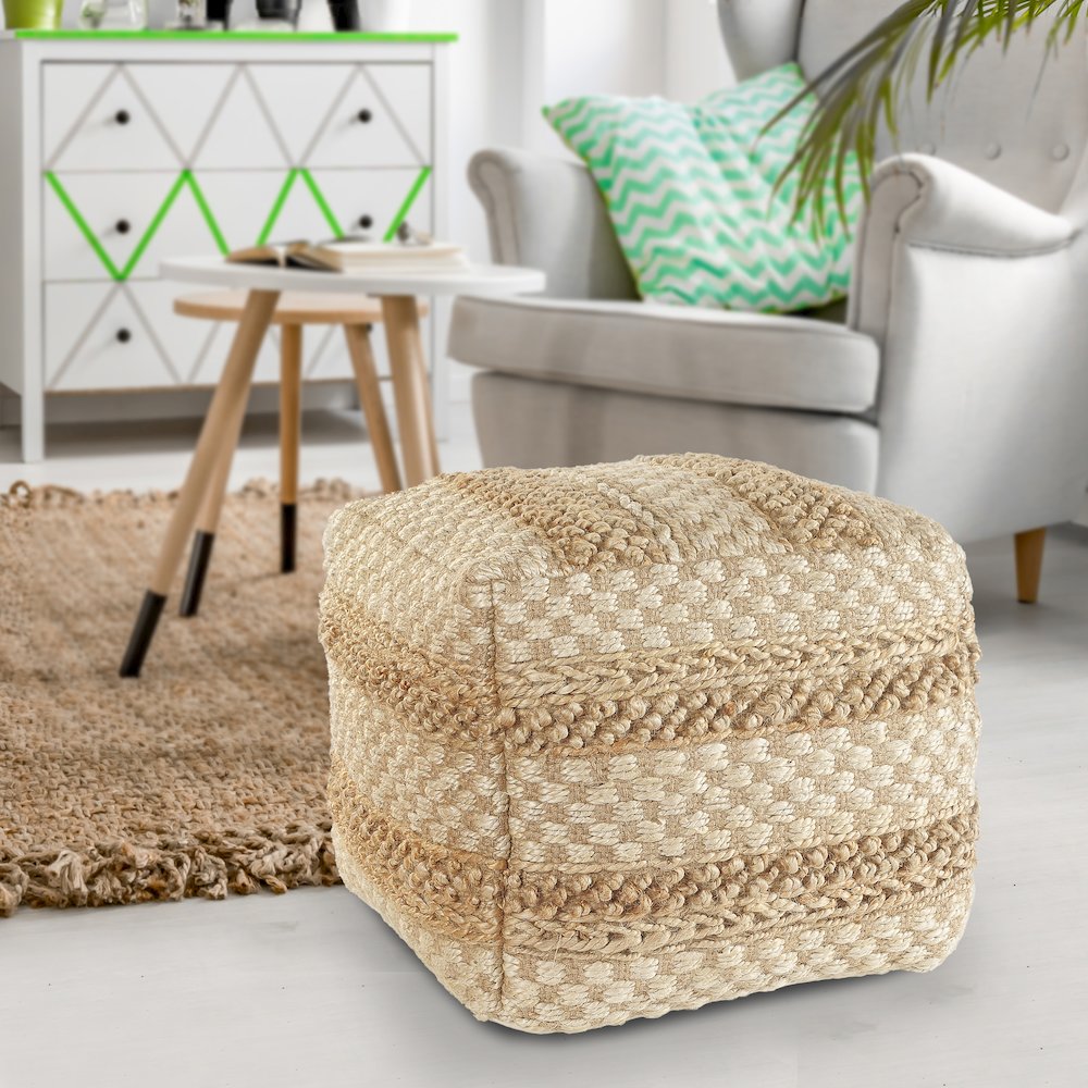 Tan/Cream Striped Hand-Woven All-Natural Jute Blend Ottoman Pouf. Picture 5