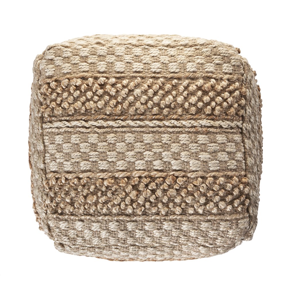 Tan/Cream Striped Hand-Woven All-Natural Jute Blend Ottoman Pouf. Picture 1