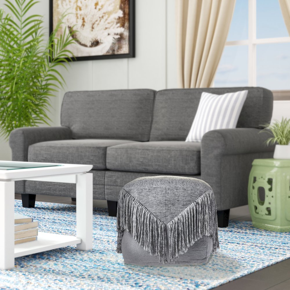 Gray Distressed Wool Blend Ottoman Pouf. Picture 5